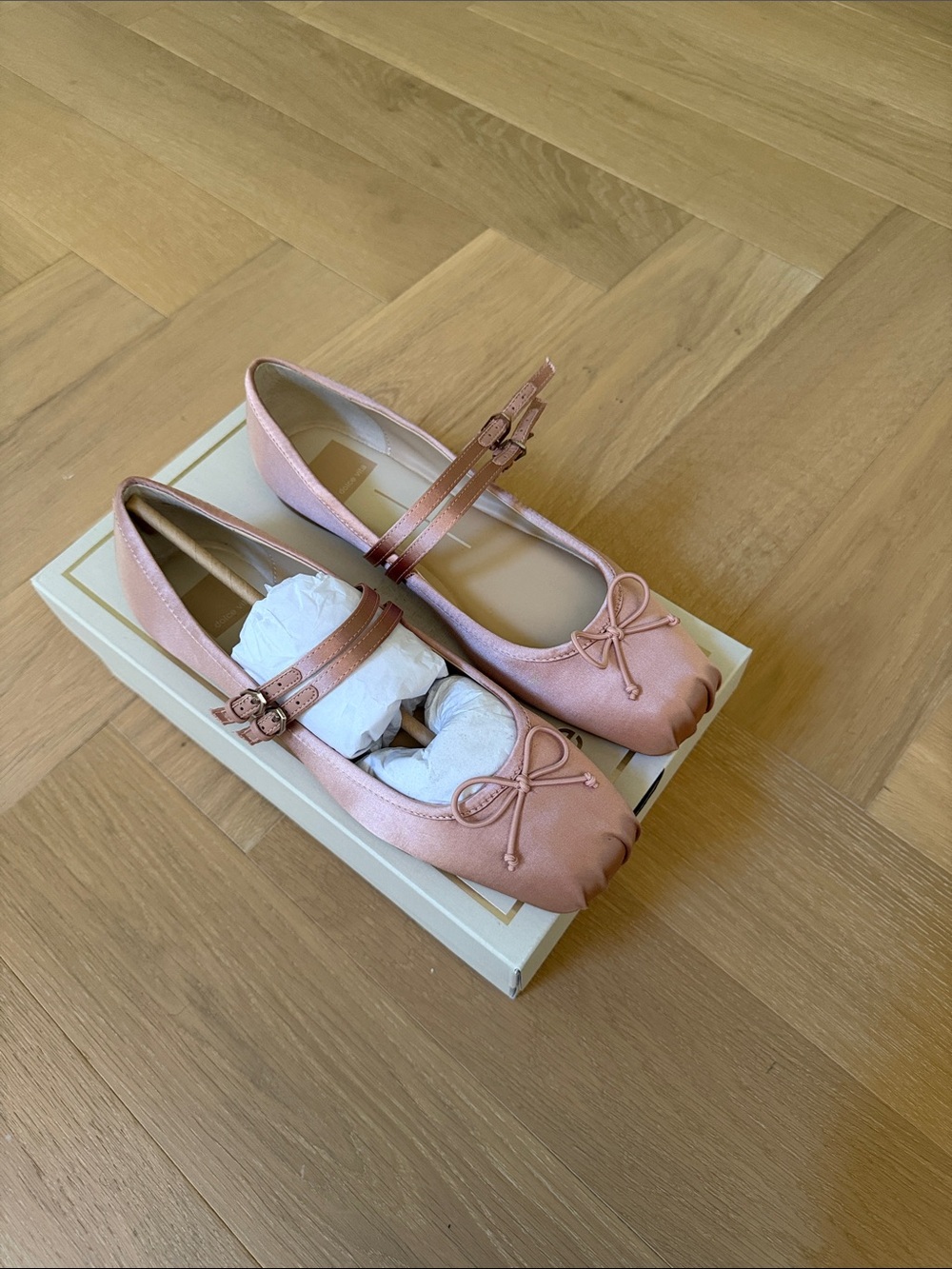 Dolce Vita Blush Pink Satin Mary Jane Flats with Double Straps and Bow Accent